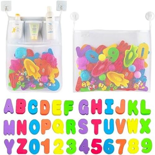 Comfylife 2 x Mesh Bath Toy Organizer + 6 Ultra Strong Hooks + 36 Bath Letters & Numbers – Eco-Safe, Fun, Educational Foam Letters and Perfect Toy Storage Net for Baby Bath Toys & More