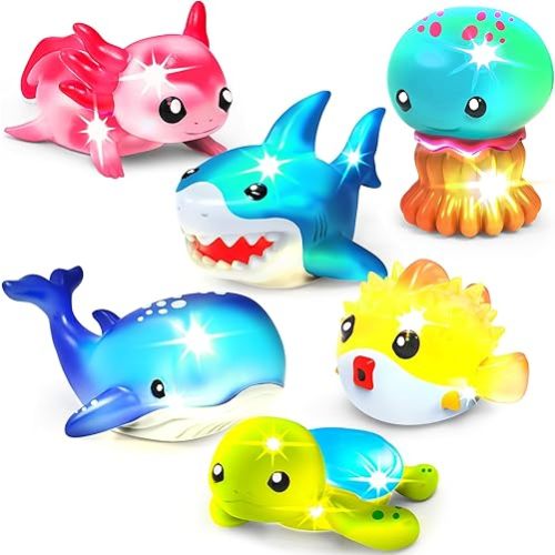 Tub Works® Under the Sea™ Light Up Bath Toys, 6 Pack | Water-Activated Light Up Toys Flash & Change Color | Easy-Grip Baby & Toddler Bath Toys | Sensory Bathtub Toys with Bath Lights for Kids Bath