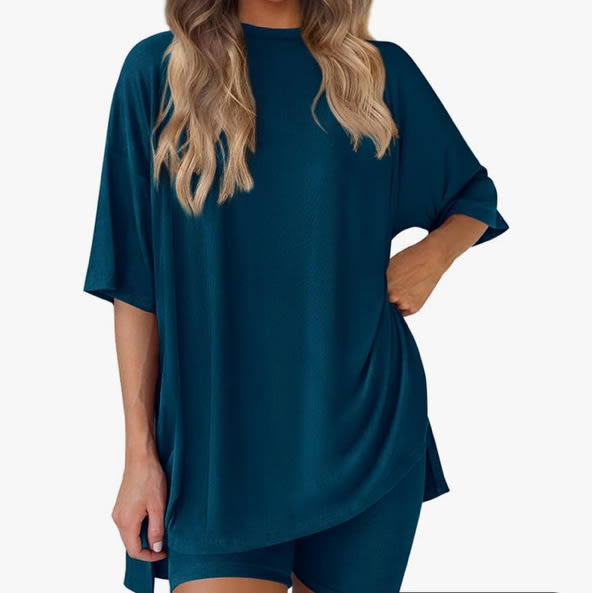 PRETTYGARDEN Women 2 Piece Lounge Set 2026 Summer Casual Oversized Shirts Biker Shorts Matching Airport Travel Outfit Clothes