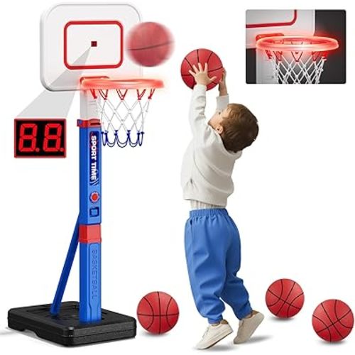 Toddler Basketball Hoop with Scoreboard/LED Basketball Rim/4 Balls, 55" Height Adjustable Basketball Hoop for Kids 3-5, Indoor Outdoor Sport Toys Birthday Gifts for Baby Boys Girls