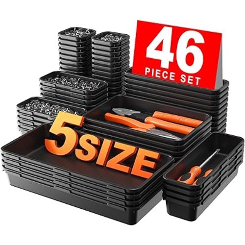 A-LuGei【𝟰𝟲𝗣𝗖𝗦【5 Size】 Tool Box Organizer Tray Divider Set, 【Black】 Desk Drawer Organizer, Garage Organization and Storage Toolbox Accessories Rolling Tool Chest Cart Cabinet WorkBench Small Part