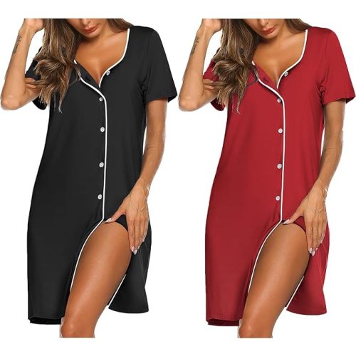 Ekouaer Nightgowns for Women 2 Pack Button Down Sleepshirt Short Sleeve Nightshirt Soft Sleepwear V Neck Pajama Dress