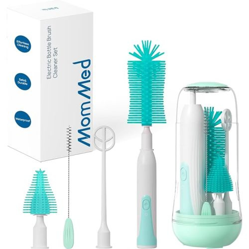 MomMed Electric Bottle Brush, Electric Baby Bottle Brush Set with Silicone Bottle/Pacifier/Straw Brush and Mixing Head, Waterproof Bottle Cleaner Brush with Drying Rack, 2 Modes & 360° Rotation - Blissful Green