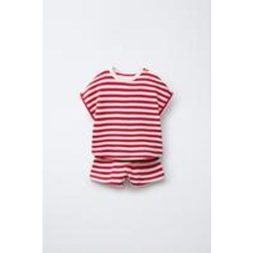 STRIPED WAFFLE T-SHIRT AND BERMUDA SET - Red | ZARA United States