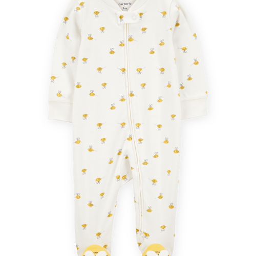 Cream Baby Bee Print 2-Way Zip Cotton Sleep & Play Pajamas - Cream 3 Months