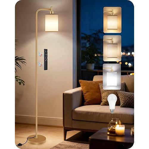 Dimmable Floor Lamp for Living Room with Remote and Foot Switch, Modern Standing, Corner Lamp,10W Bulb 3 Color Temperatures, for Bedroom, Office, Corner, ETL Listed, Gold and White DCW19LD05