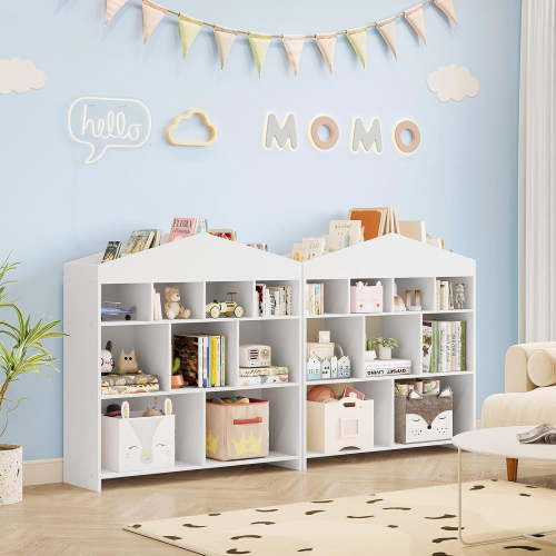 Bookshelf with 9 Cubby Storage Organizer, Wooden Dollhouse Style Bookcase and Toy Display Shelf for Playroom, Nursery and Bedroom