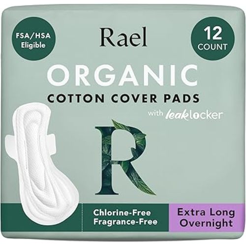 Rael Pads for Women, Organic Cotton Cover - Period Pads with Wings, Feminine Care, Sanitary Napkins, Ultimate Absorbency, Postpartum, Unscented, Ultra Thin (Extra Long Overnight, 12 Count)