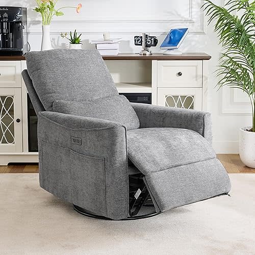Power Swivel Rocker Recliner,Fabric Glider Recliner Nursery Chair,Small Rocking Chair Nursery,Single Reclining Sofa with Lumbar Support,USB&Type-C Ports,Living Room Home Threater Seat, Grey