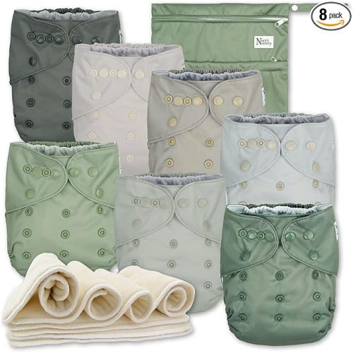 Nora's Nursery AWJ Cloth Diapers 7 Pack with 1 Wet Bag - Waterproof Cover, Washable, Reusable & One Size Adjustable Pocket Diapers for Newborns and Toddlers - Morning Dew