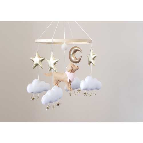 Golden Retriever Baby Mobile: Neutral Nursery Decor with Gold Stars