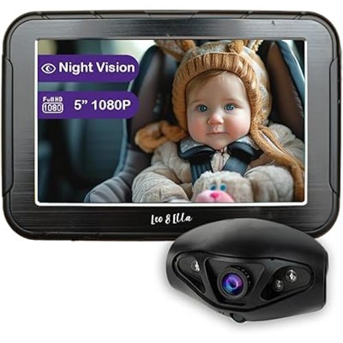 Leo and Ella - Baby Car Camera - 5'' 1080P Mirror Monitor with IR Night Vision, Car Baby Monitor w/Wide-Angle Lens & Crystal Clear View - Premium Car Seat Camera for Baby Rear Facing