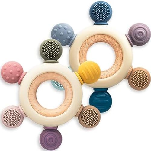 2 Packs Baby Teething Toy for 0-6 6-12 Month Babies, Sensory Exploration Toy, Textured Silicone Teether Soothes Babies’ Sore Gums for Teething Relief