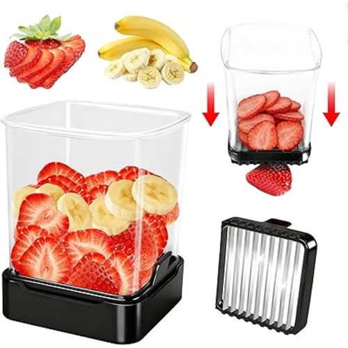 Fruit Slicer Cup for Strawberry, Banana, Hard-Boiled Egg - Detachable Cutter with Push Plate - Rapid & Safe Slicing Kitchen Gadget for Quick Meal Prep (Black)