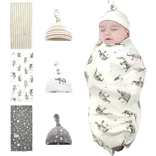 Newborn Swaddle and Hat Set 6 Pack 100% Cotton Knitted Muslin Baby Blankets 35" x 35" Baby Receiving Blankets Stroller Soft Unisex Newborn Swaddle Wrap for Girls and Boys (Elephant+Star+Stripes)