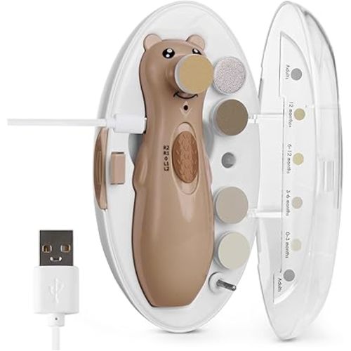haakaa Happii Bear Baby Nail File Electric Nail Trimmer with LED Light, Rechargeable Baby Nail Clippers for Newborn/Adults Toes and Fingernails, Additional Replacement Heads & Charging Cable, Toffee