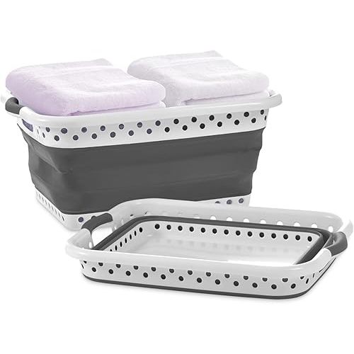 Pop & Load Collapse and Store Collapsible Plastic Laundry Basket, Large 1 pc Pop Up Laundry Hamper with 2 Comfort Grip Handles, 10.5 Gallons, Gray