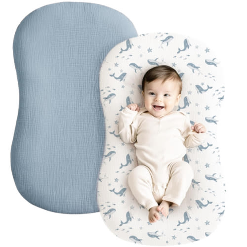 Konssy Muslin Baby Lounger Cover 2 Pack, 100% Cotton Newborn Lounger, Soft and Breathable for Boys Girls, Covers Only (Blue Whale, Blue)