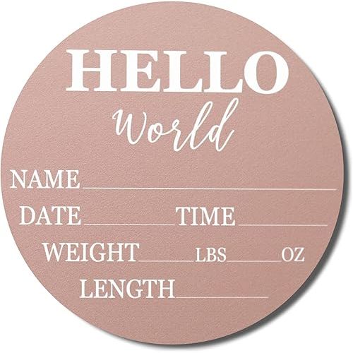 Hickory Hollow Designs - Baby Announcement Sign for Newborn Boys and Girls (Color Bases) - Hello World Nursery Decor Sign & Photo Prop for Babies Made of Birch Wood - 6" Circle Board (Pink)