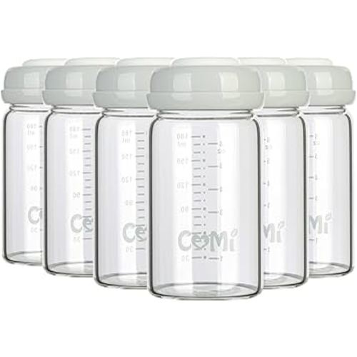 COMI Wide Neck Glass Breastmilk Collection n Storage Bottle, 6oz with Screw Ring Sealing Disk; Re-markable Sealing Disc. BPA Free, Fits Breast Pumps & Nipples (Gray Lids)