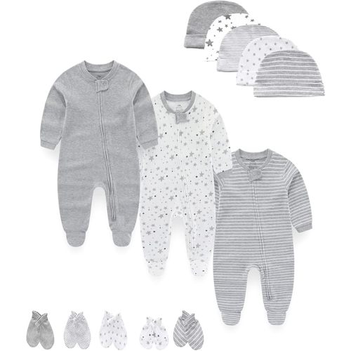 Baby Boy Girls Clothes 2-Way Zip Footed Long Sleeve 100% Cotton,Newborn Caps and Scratch Mittens Set 0-6 Months