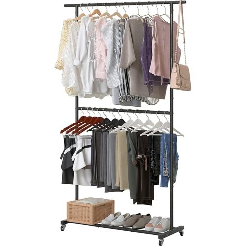 Sywhitta Double Rod Clothing Garment Rack, Rolling Clothes Organizer on Wheels for Hanging Clothes, Easy to Assemble, Adjustable, Black