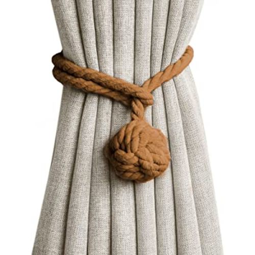 Anjee 2 Pack Curtain Tiebacks Rope,Natural Cotton Drapes Holdbacks,Hand Woven Outdoor Curtain Tie Backs Holders,Village Farmhouse Drapery Knot Ball Ropes Pull Backs Window Decorative,1 Pair Coffe