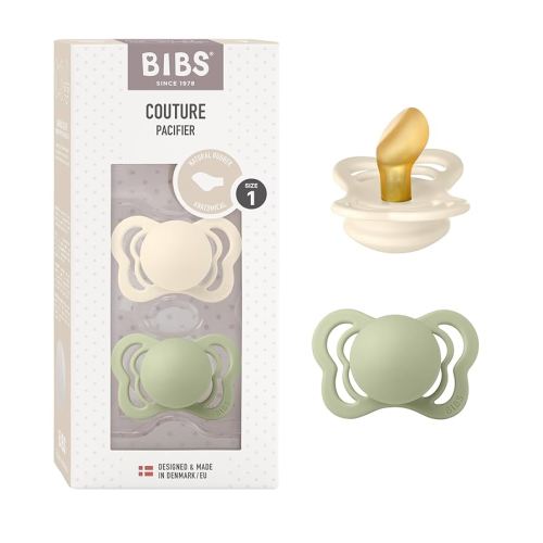 BIBS Pacifiers - Couture Collection | BPA-Free Round Nipple | Natural Rubber Latex | Made in Denmark | Set of 2 Ivory/Sage Color Premium Soothers | Size 0-6 Months