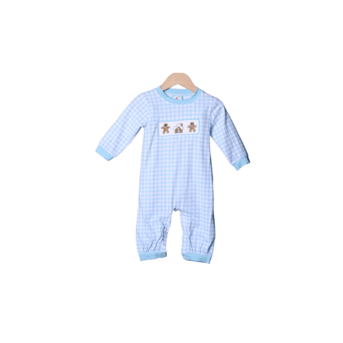 Smocked Gingerbread Blue Gingham Romper