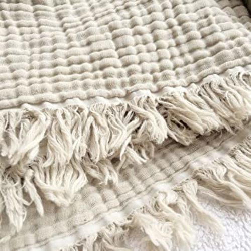 100% Organic Cotton 55"x60" Muslin Throw Blanket for Couch, Adult, Bed, Pre-Washed Hand-Plant Dyed, Breathable, Soft, Cozy, Lightweight Summer Gauze Blanket, All Season (Oatmeal Khaki)