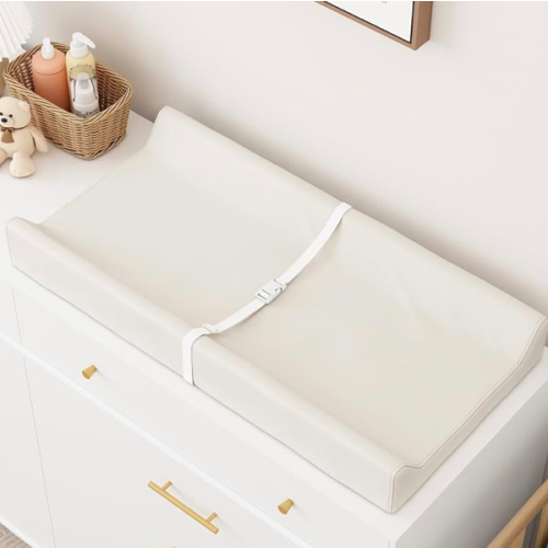 YACODAVO Wipeable Baby Changing Pad for Dresser and Table, Cozy Diaper Changing Pad with Waterproof & Wipe-Clean Leather Cover, Off-White