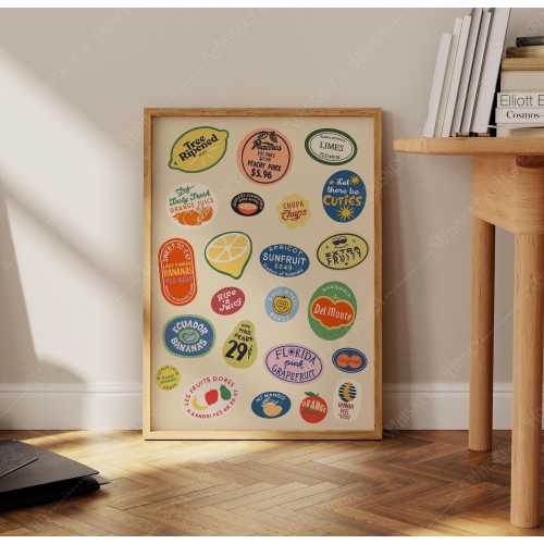 Digital Download | Vintage Fruit Stickers Art Print | Kitchen Wall Art | Trendy Art | Food Wall Art | Fruit Art | Cute Home Decor