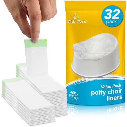 TidyTots Disposable Potty Chair Liners for Potty Training Toddlers | Value Pack of 32 Disposable Potty Liners for Toddlers | Portable Potty Chair Refill Pack