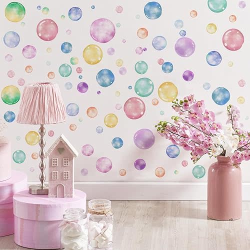 Runtoo Watercolor Bubble Wall Decals Polka Dot Circle Wall Stickers Boho Rainbow Bath Ocean Window Clings for Bathroom Girls Bedroom Kids Birthday Party Decoration