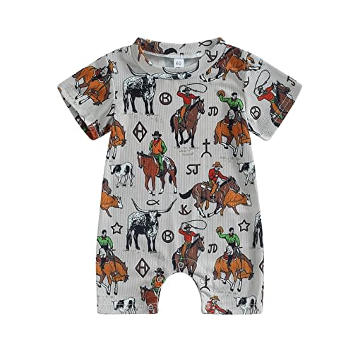Gueuusu Country Baby Clothes Boy Girl Western Cow Print Short Sleeve Romper Bodysuit Ribbed One Piece Jumpsuit Summer Outfit