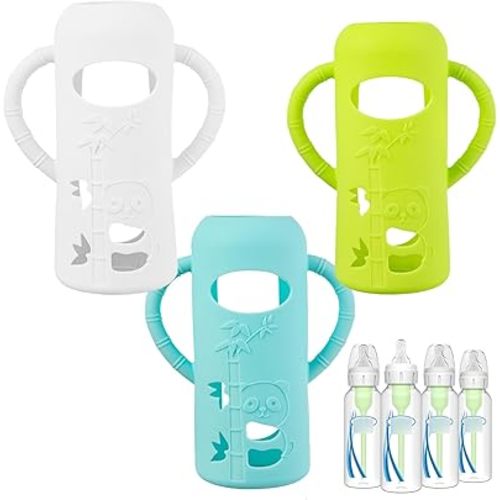 Silicone Sleeves with Holder for Dr. Brown's 8 oz Narrow Glass Baby Bottles, Anti Breakage Protection Covers Compatible Dr Brown Natural Flow Glass Bottles, Pack of 3