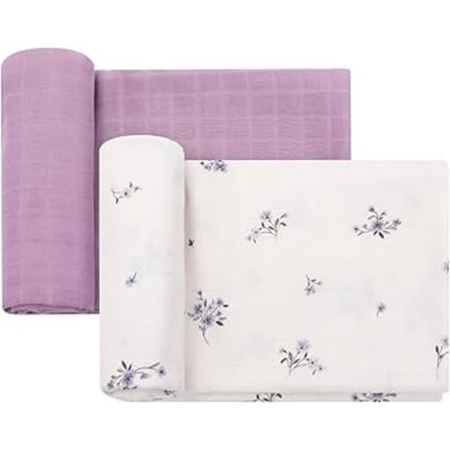 LifeTree Baby Swaddle Blankets, Boys Girls Muslin Swaddling Wrap Receiving Blanket for Newborn, 70% Viscose from Bamboo and 30% Cotton, Large 47" x 47", Flower and Mauve Pattern