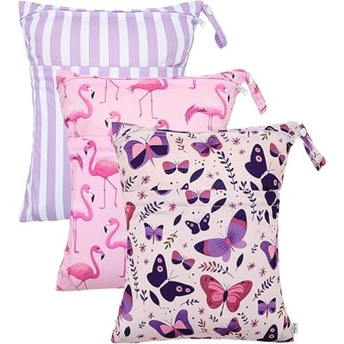 babygoal Wet Dry Bags 3 Pack, Waterproof Travel Bags for Swimsuits, Beach, Pool, Gym,Food Storage and Wet Clothes(Butterfly,Flamingo,Stripe),3LN44-B