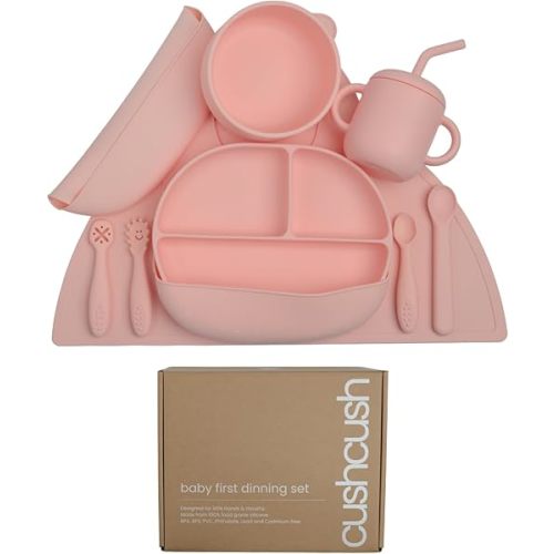 Cushcush Silicone Baby Feeding Set, Baby Led Weaning Supplies, First Stage Solid Food eating Utensils, Divided Suction Plate, Bowl, Bibs, Sippy Cup, Placemat - 6+ months Newborn Gift (Blush Pink)