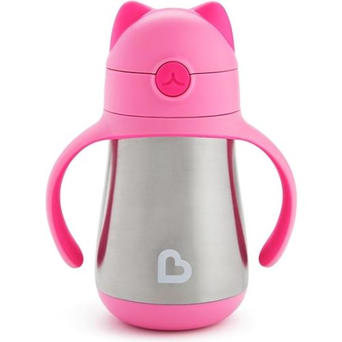 Munchkin Cool Cat Sippy Cup for Toddlers, Stainless Steel Straw Cup, 8 Ounce, Pink