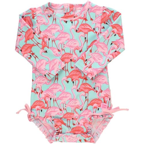 RuffleButts Baby Girls UPF 50+ Sun Protection Floral Printed Long Sleeve One Piece Rash Guard Swimsuit with Zipper