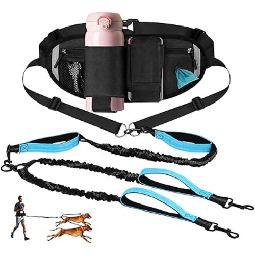 Hands Free Dog Leash for Two Dogs with Adjustable Waist Belt, Double Waist Leash for Dog Walking Training Jogging, Dog Running Leash Hands Free for Medium & Large Dogs, Dual Dog Leash for 2 Dogs