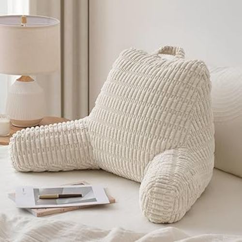 Blissful Diary Reading Pillow, Stylish Bed Pillow with Shredded Memory Foam for Adult Children Backrest, Back Pillow for Bed & Couch Sitting Up with Arms & Pockets & Washable Cover (Off White)