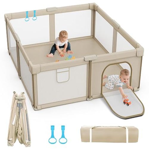 Foldable Baby Playpen 71"x59", Super Large Playpen for Babies and Toddlers | Portable Playpen, Breathable Mesh, No Assembly, 2 Pulling Handles, With Carry Bag, Indoor Outdoor Use