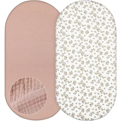 Basumee Baby Bassinet Sheets 2 Pack Muslin Bassinet Mattress Sheets for Boys Girls Soft Breathable Bedside Bassinet Fitted Sheet with Bottom Elastic Band 33''x17''x4'' Fit for Rectangle Oval Hourglass