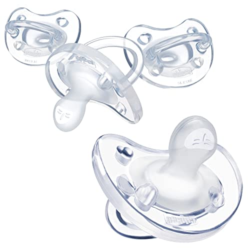 Chicco PhysioForma 100% Soft Silicone One Piece Pacifier for Babies Aged 0-6 Months | BPA & Latex Free | Reusable Sterilizing Case | Clear, 4pk