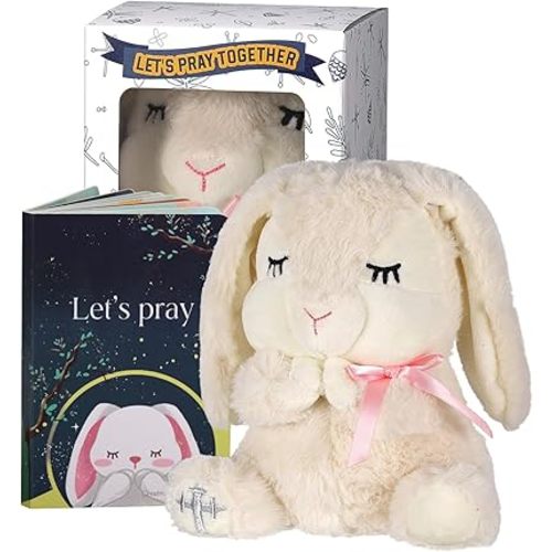 Baptism Gifts for Girls, Baby Dedication Gift, Christening Gifts for Baby Girls, Baptism Gifts Set Include 7'' Plush Bunny and Let's Pray Book in Keepsake Box.