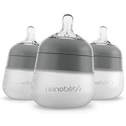 Nanobébé Flexy Silicone Baby Bottle, Anti-Colic, Natural Feel, Non-Collapsing Nipple, Non-Tip Stable Base, Easy to Clean 3-Pack, Gray, 5 oz