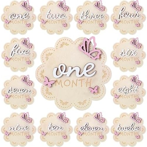 12 Pcs 3D Butterfly Wooden Baby Girl Monthly Milestone Cards Sign 1-12 Months Milestone Marker Discs Newborn Photography Props Memento Signs to Document Baby's Growth Announcement Pregnancy Journey