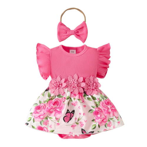 Baby Girls Sleeveless Ribbed Floral Applique Dress Summer Casual Romper With Textured Fabric Lovely Dailywear 3-6 Months